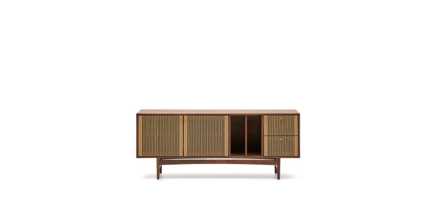 Buffet Elan 2 doors 2 drawers in veneer, walnut wood and rope 180 x 73 cm