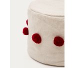 Pouf Manua en coton beige avec pompons rouges Ø 40 cm