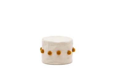 Pouf Manua en coton beige avec pompons moutarde Ø 40 cm