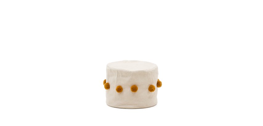 DE_Pouf Manua en coton beige avec pompons moutarde Ø 40 cm