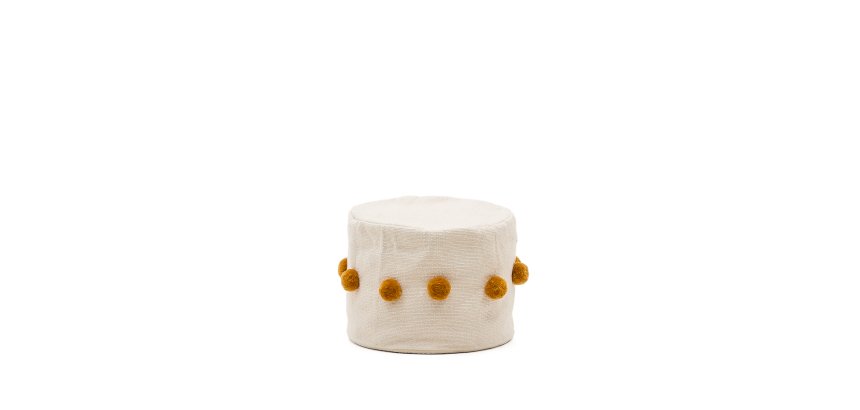 Pouf Manua en coton beige avec pompons moutarde Ø 40 cm