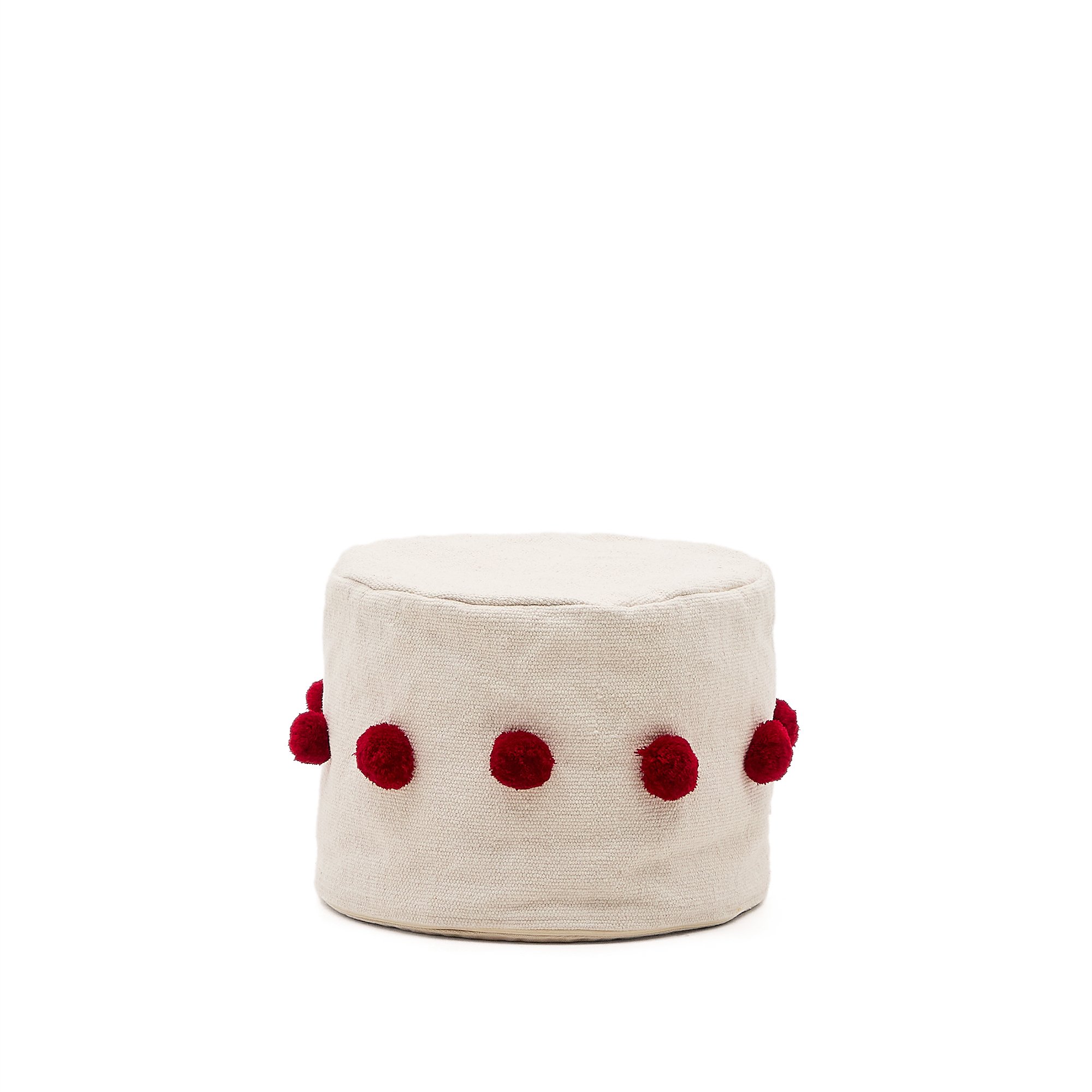 DE_Pouf Manua en coton beige avec pompons rouges Ø 40 cm