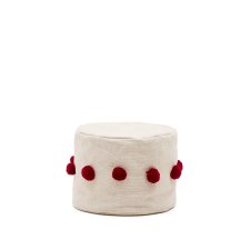 Pouf Manua en coton beige avec pompons rouges Ø 40 cm