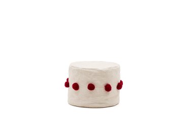 Pouf Manua en coton beige avec pompons rouges Ø 40 cm