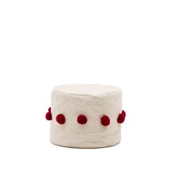 DE_Pouf Manua en coton beige avec pompons rouges Ø 40 cm