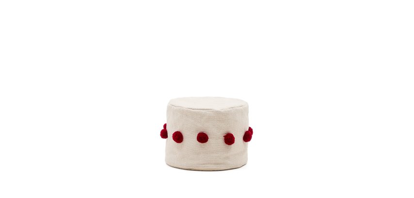 DE_Pouf Manua en coton beige avec pompons rouges Ø 40 cm