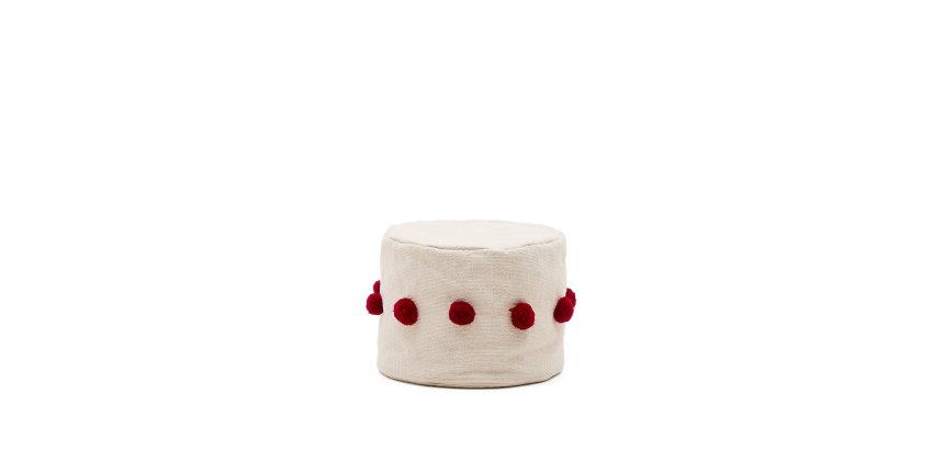 Pouf Manua en coton beige avec pompons rouges Ø 40 cm