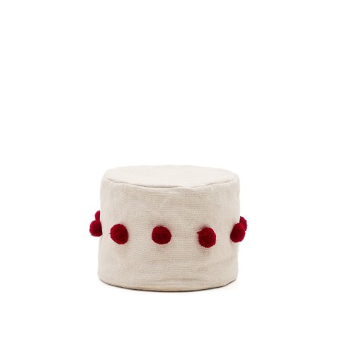 Pouf Manua en coton beige avec pompons rouges Ø 40 cm