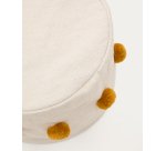 Pouf Manua en coton beige avec pompons moutarde Ø 40 cm