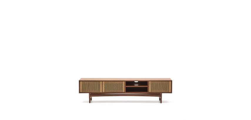 Meuble TV Elan 3 portes en placage et bois de noyer et corde 200 x 50 cm