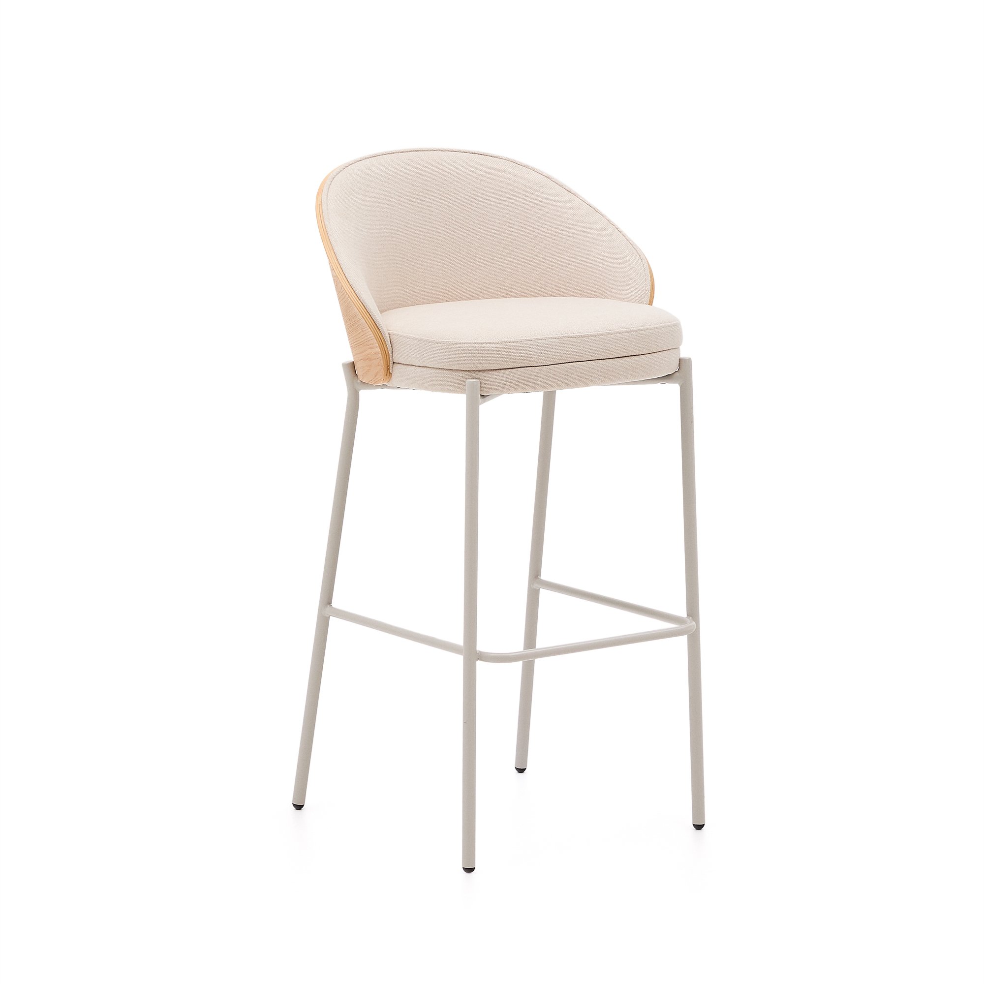 DE_Tabouret Eamy en chenille beige, placage de frêne, finition naturelle et métal beige hauteur 75 cm