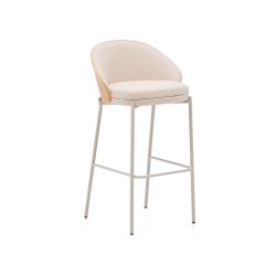 Taburete Eamy chenilla beige, chapado en fresno acabado natural y metal beige altura 75 cm