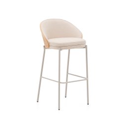 DE_Tabouret Eamy en chenille beige, placage de frêne, finition naturelle et métal beige hauteur 75 cm