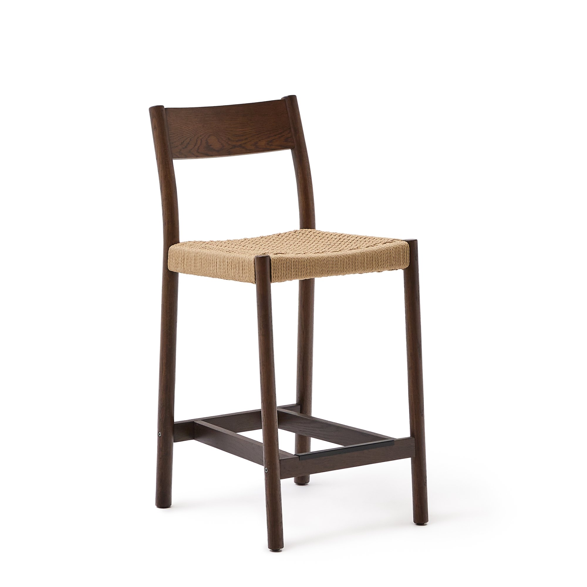 Yalia stool with a backrest in solid oak wood in a walnut finish, and rope cord seat, 65 cm 100% FSC