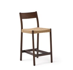 Yalia stool with a backrest in solid oak wood in a walnut finish, and rope cord seat, 65 cm