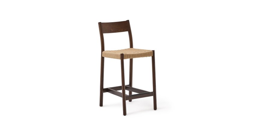 Tabouret Yalia dossier en bois de chêne finition noyer et assise en corde 65 cm