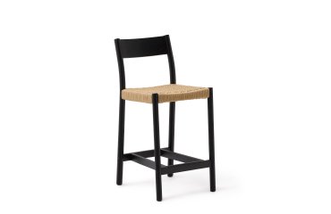 Yalia stool with a backrest in solid oak wood in a black finish, and rope cord seat, 65 cm
