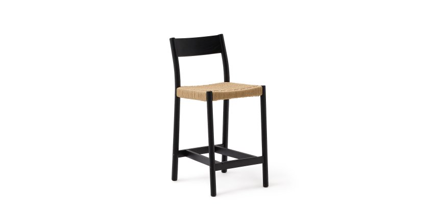 Tabouret Yalia dossier en bois de chêne finition noire et assise en corde 65 cm