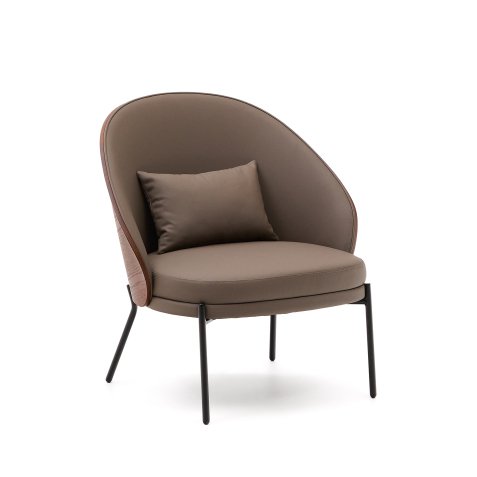 Eamy armchair in brown faux leather, ash veneer with walnut and black metal finish