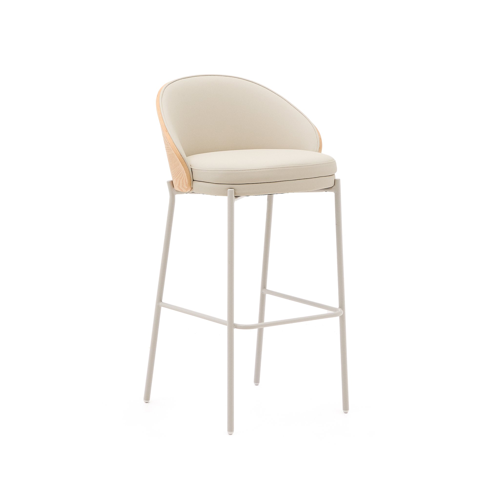 Eamy beige synthetic leather stool, ash veneer with natural finish and metal structure height 98 cm