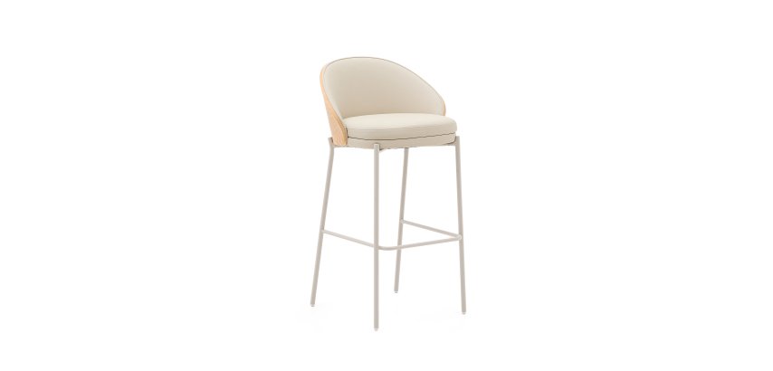 Eamy beige synthetic leather stool, ash veneer with natural finish and metal structure height 98 cm