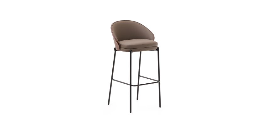 Tabouret Eamy en cuir synthétique marron, placage de frêne avec finition noyer et métal ma