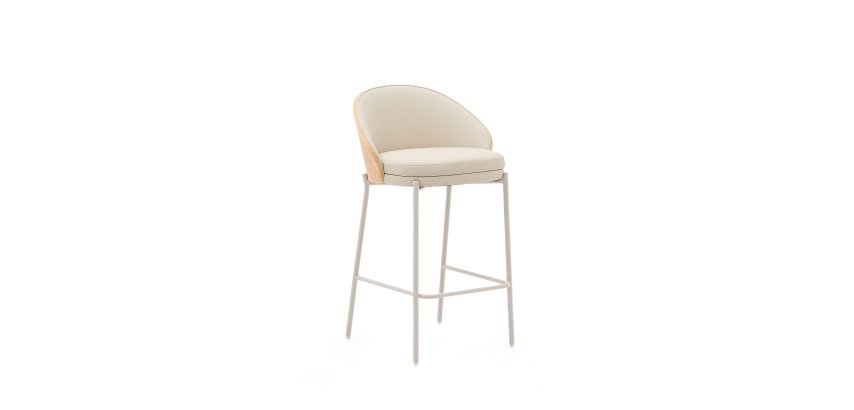 Tabouret Eamy en cuir synthétique beige, placage de frêne avec finition naturelle et métal hauteur 86 cm