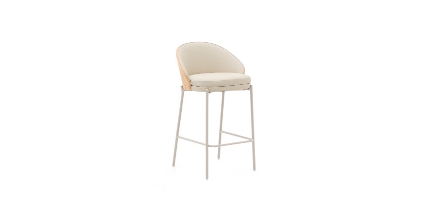 Tabouret Eamy en cuir synthétique beige, placage de frêne avec finition naturelle et métal