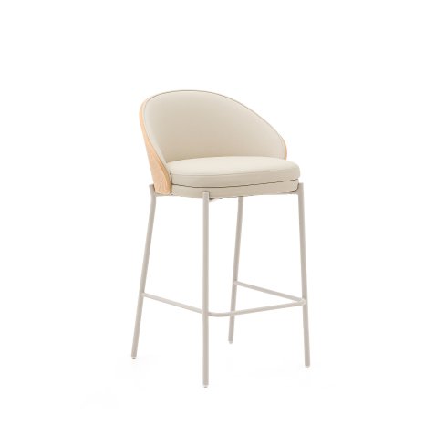 Tabouret Eamy en cuir synthétique beige, placage de frêne avec finition naturelle et métal hauteur 86 cm