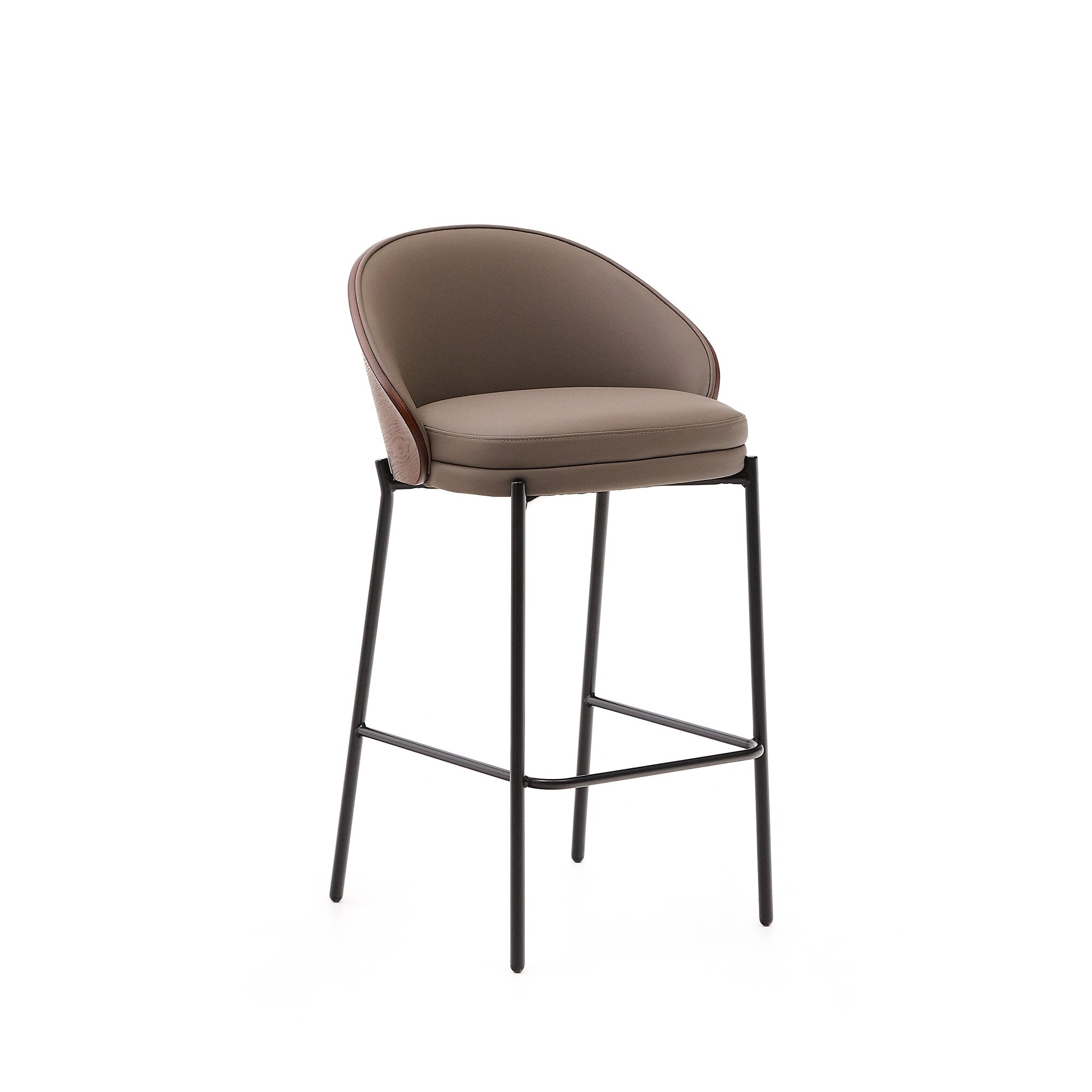 Eamy stool in brown faux leather, ash veneer, walnut finish and black metal 65 cm