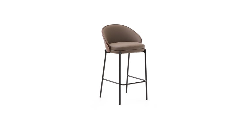 Eamy stool in brown faux leather, ash veneer, walnut finish and black metal 65 cm