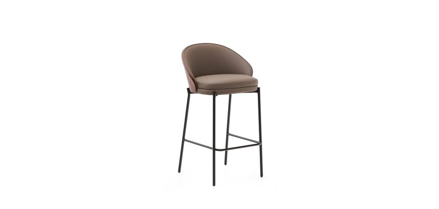 Eamy stool in brown faux leather, ash veneer, walnut finish and black metal 65 cm