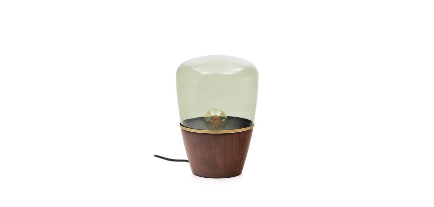 Lampe de table Silex en placage de noyer et verre vert
