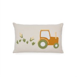 Pecky cushion cover in beige cotton with a tractor embroidery feature, 30 x 50 cm