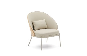 Sillón Eamy de piel sintética beige, chapado en fresno con acabado natural y metal beige