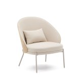 Sillón Eamy de chenilla beige, chapado en fresno con acabado natural y metal beige