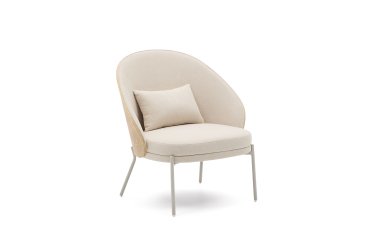 Sillón Eamy de chenilla beige, chapado en fresno con acabado natural y metal beige