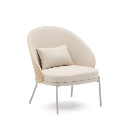 Eamy armchair in beige chenille, in a natural finish ash veneer and beige metal