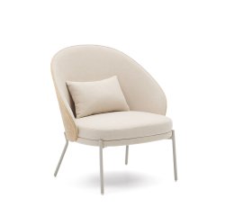 Fauteuil Eamy en chenille beige, placage de frêne avec finition naturelle et métal beige