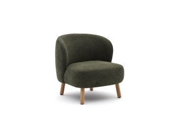 Ulit armchair in green chenille with solid beech wood legs in a natural finish