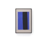 Tableau abstrait Zernu en lin bleu et noir ligne verticale peint à la main 42 x 65 cm