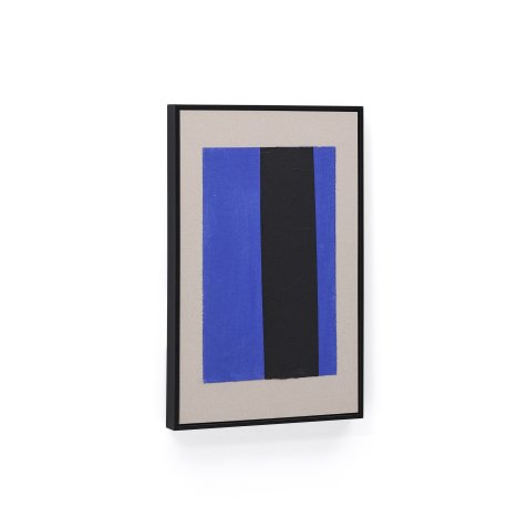 Tableau abstrait Zernu en lin bleu et noir ligne verticale peint à la main 42 x 65 cm