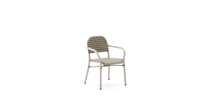 Tuccia beige and green stackable chair in aluminium and synthetic rattan