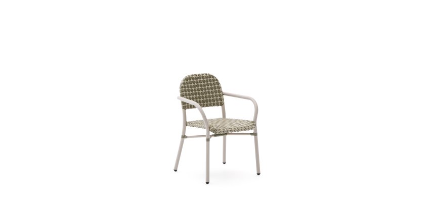 Tuccia beige and green stackable chair in aluminium and synthetic rattan