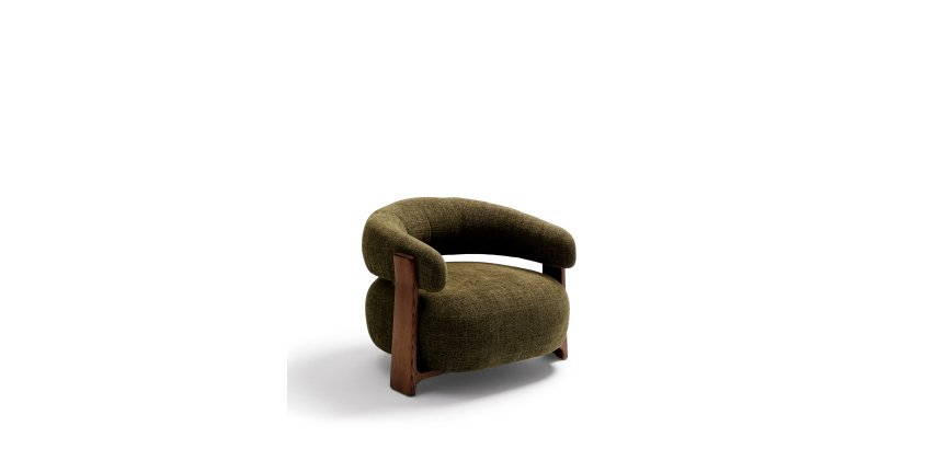 Fauteuil Granite en tissu chenille vert et pieds en bois de frêne finition noyer