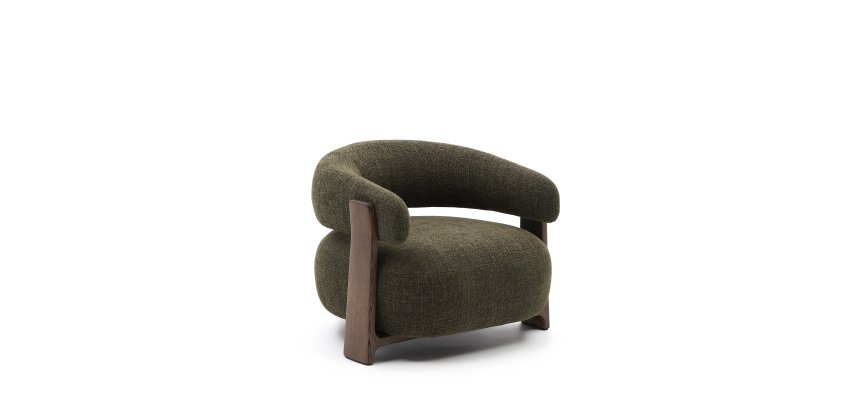 Fauteuil Granite en tissu chenille vert et pieds en bois de frêne finition noyer