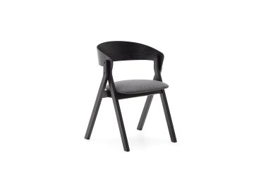 Godia chair in ash veneer with a black finish and grey chenille