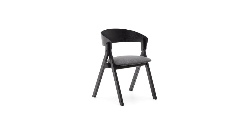 Godia chair in ash veneer with a black finish and grey chenille