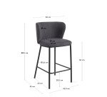 Tabouret Ciselia en chenille gris foncé et pieds en acier peint noir hauteur 65 cm