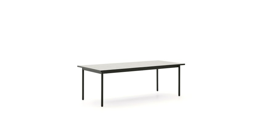 DE_Table d’extérieur Maurina en acier galvanisé vert et céramique couleur écru 223 x 101 cm